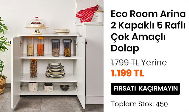 Eco Room Arina 2 Kapaklı 5 Raflı Çok Amaçlı Dolap 1799 TL Yerine 1199 TL