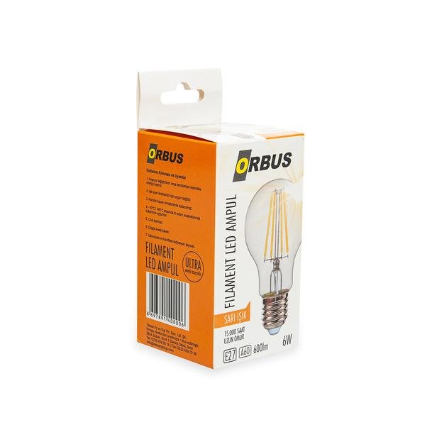  Orbus A60 6W Filament Bulb Clear E27 600Lm Ra80 220-240V/50Hz Ampul - 2700K Sarı Işık