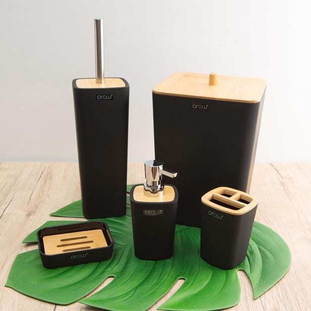  Arow Bambu Kapaklı 5 Parça Akrilik Banyo Aksesuar Seti - Siyah