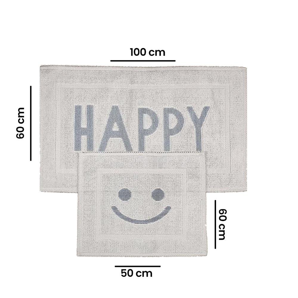  Bluenity Happy Doğal Pamuk 2'li Banyo Paspası - Ekru / Gri - 50x60 cm + 60x100 cm