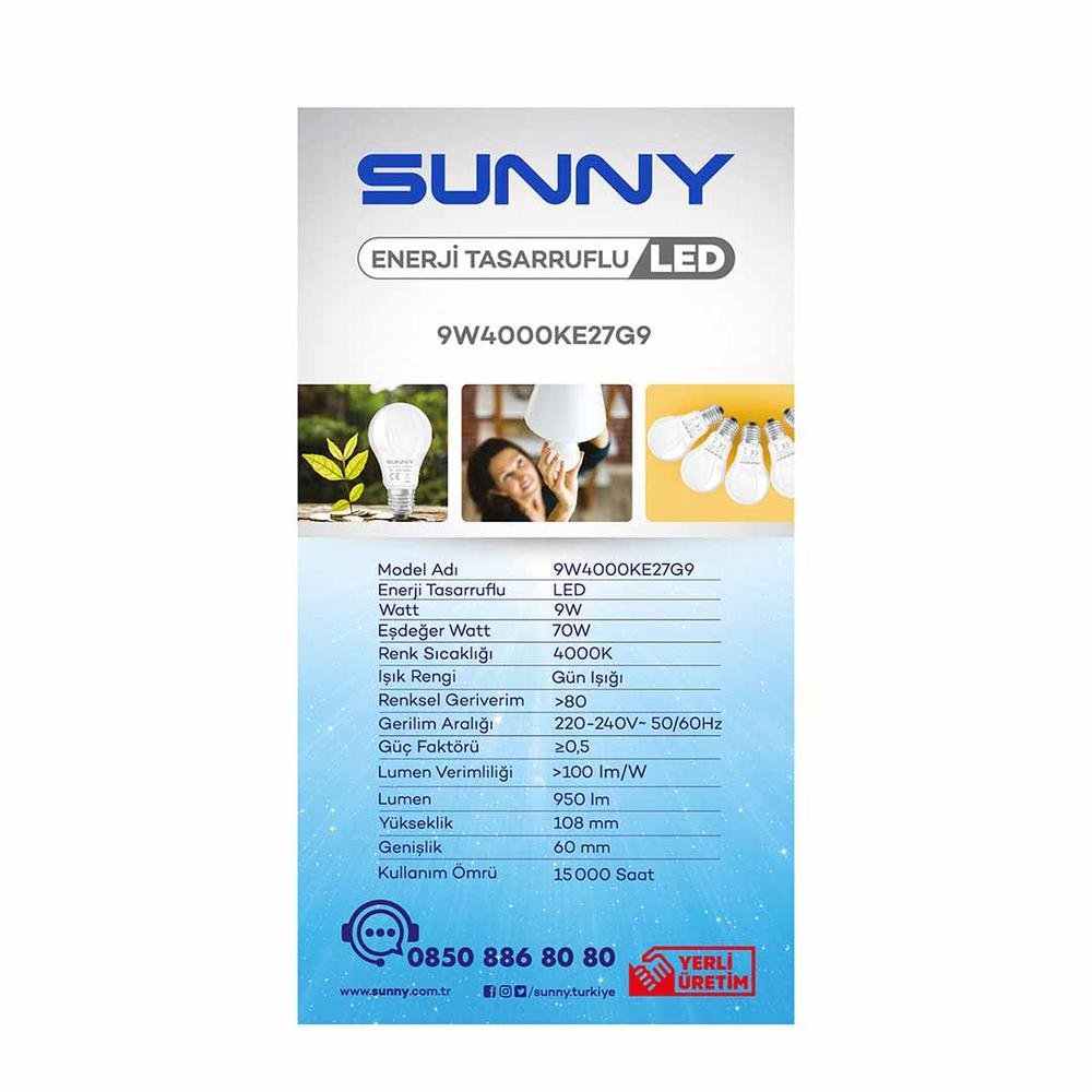  Sunny 9W 950Lm Led Ampul - 4000K Gün Işığı
