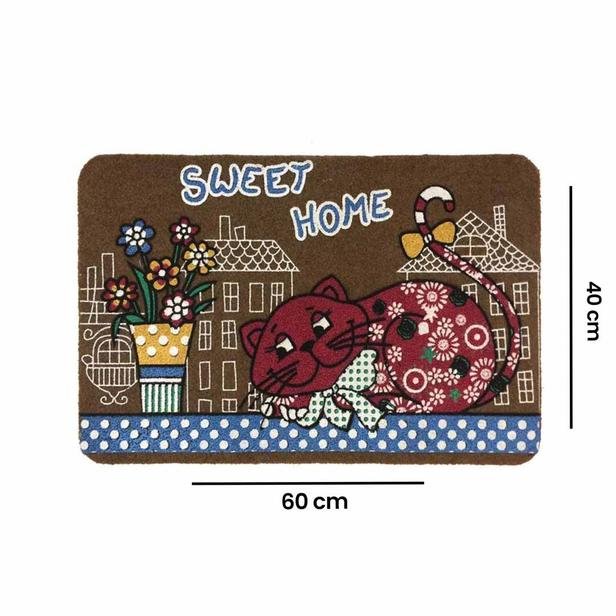  Giz Home Boyalı Megan Kapı Paspası - Kahve Home Sweet Home Kedı - 40x60 cm