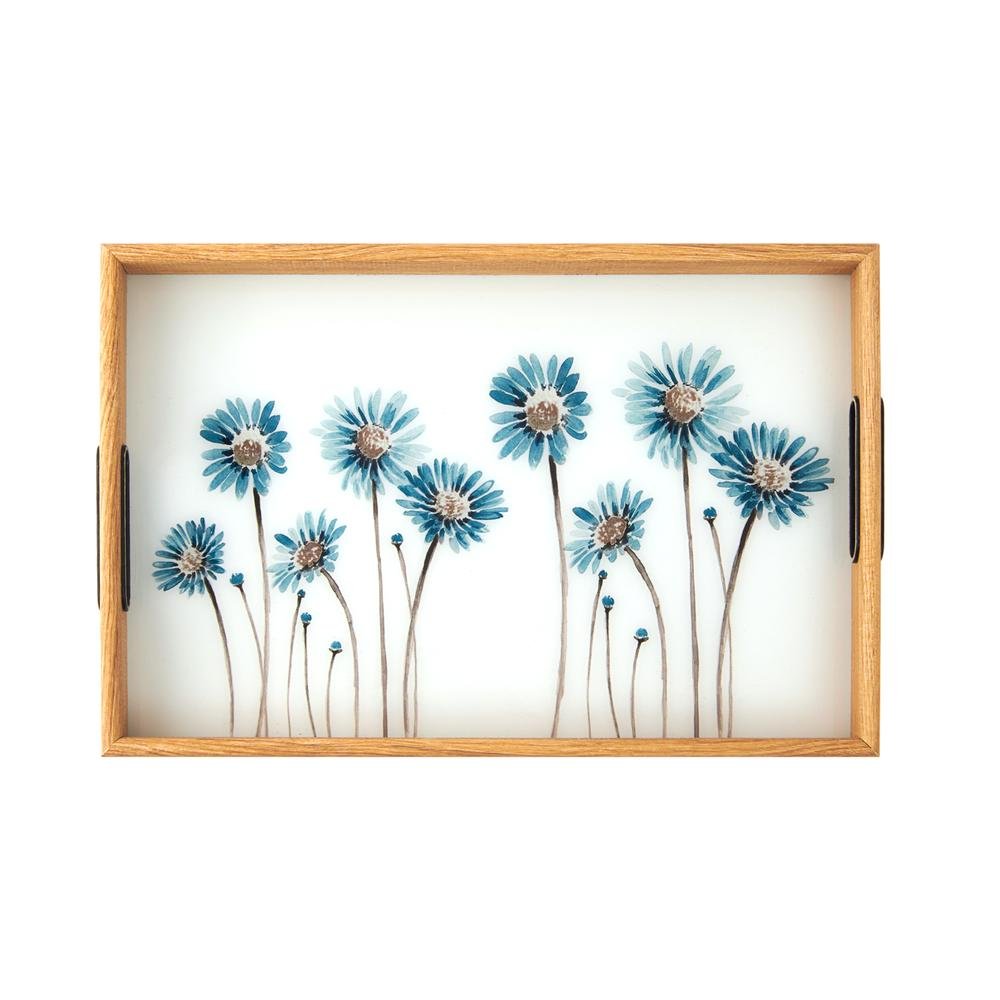  Evabella Çiçek Desenli Tepsi - Mavi - 31x46 cm