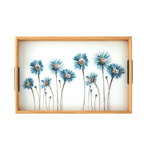  Evabella Çiçek Desenli Tepsi - Mavi - 31x46 cm
