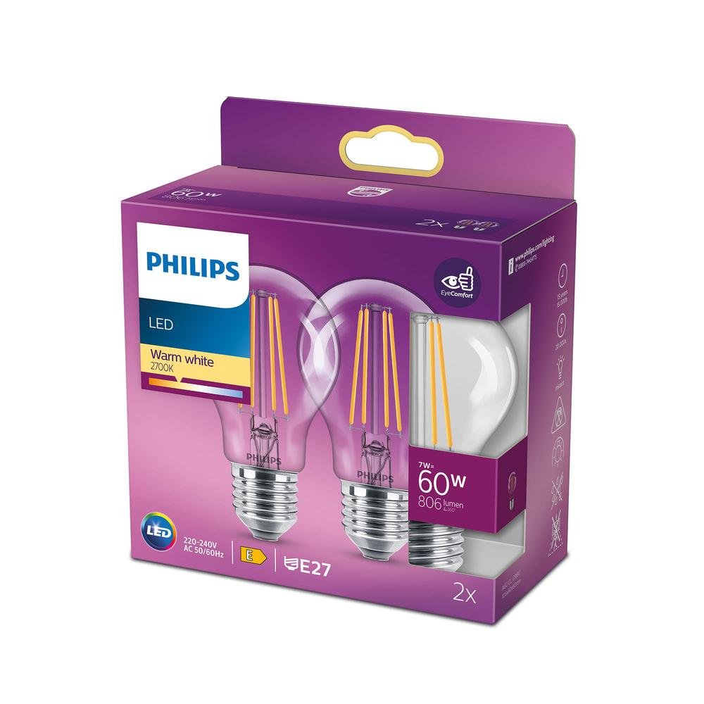  Philips A60 Led Classic 60W E27 Non-Dim 2'li Ampul - 2700K - Sarı Işık