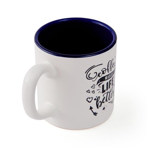  Keramika Coffe Makes Life Better Sloganlı Silindir Kupa - Beyaz / Mavi