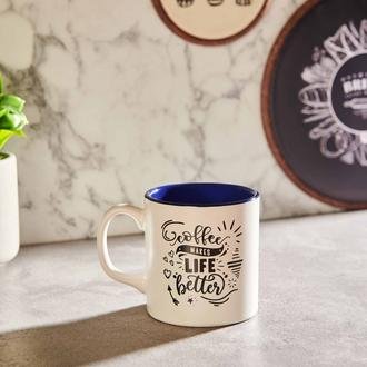 Keramika Coffe Makes Life Better Sloganlı Silindir Kupa - Beyaz / Mavi