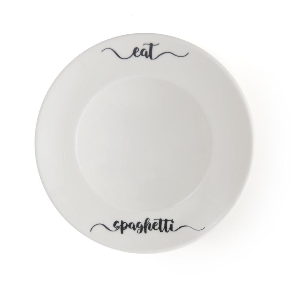  Tulu Porselen Eat Spaghetti Makarna Tabağı - Beyaz / Siyah - 27 cm
