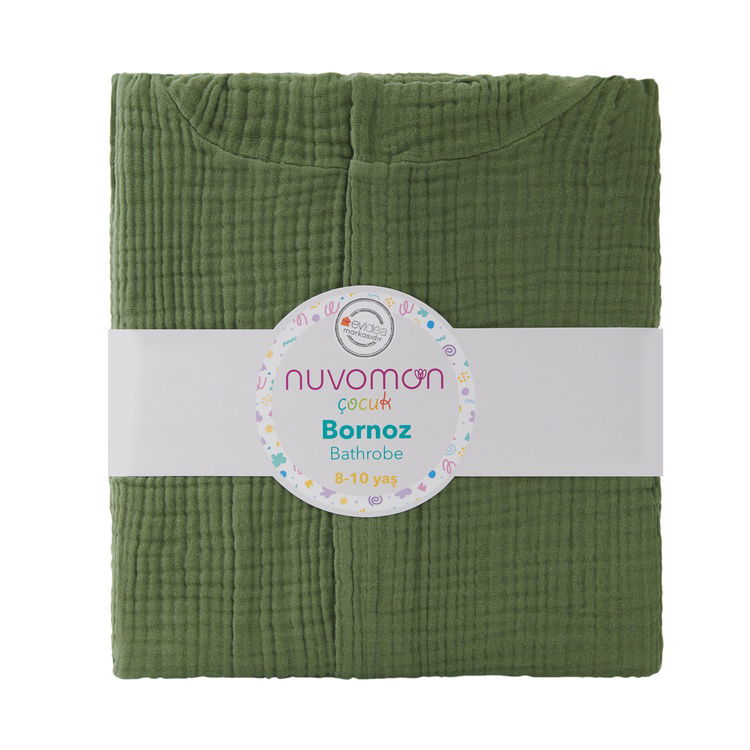  Nuvomon 4 Kat Müslin Çocuk Bornozu - Haki - 8-10 Yaş