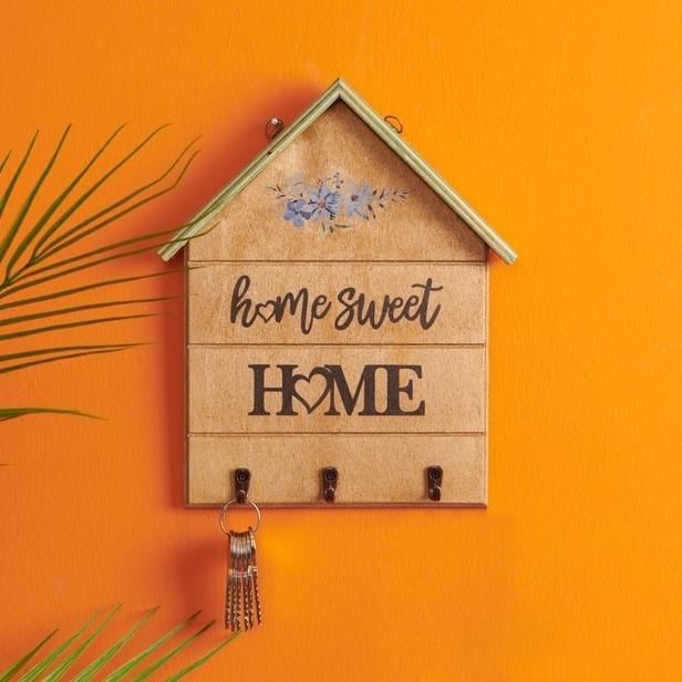  Tahta Dekor Home Sweet Home Anahtarlık - Siyah / Kahverengi - 25x21x2 cm