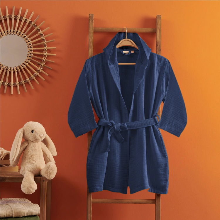  DC Home Müslin Kapüşonlu Çocuk Bornoz Lacivert - 6-8 Yaş