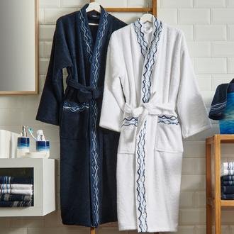 Evidea Soft Digital Blue Jakarlı Kimono Yaka Erkek Bornoz - Lacivert
