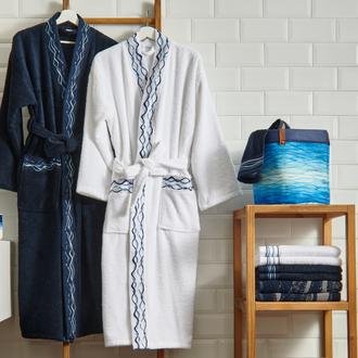 Evidea Soft Digital Blue Jakarlı Kimono Yaka Kadın Bornoz - Beyaz - L / XL