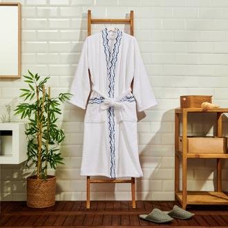 Evidea Soft Digital Blue Jakarlı Kimono Yaka Kadın Bornoz - Beyaz - S / M