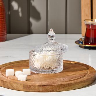 İpek Baklava Desenli Kapaklı Cam Şekerlik - Şeffaf - 10 cm