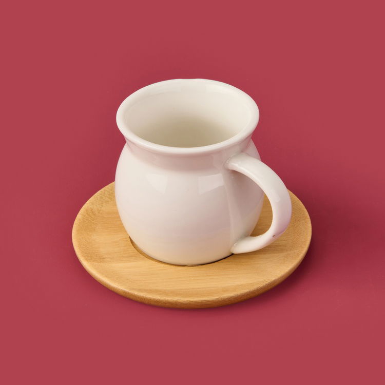 Mien Bambu Tabaklı Geniş Fincan Seti - Açık Kahverengi / Beyaz - 100 ml