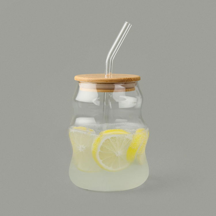  Paçi Bambu Kapaklı Pipetli Bardak - Açık Kahverengi / Şeffaf - 450 ml