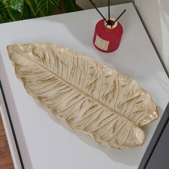Evidea Deco Leaf Dekoratif Tabak - Beyaz / Gold - 37x16 cm