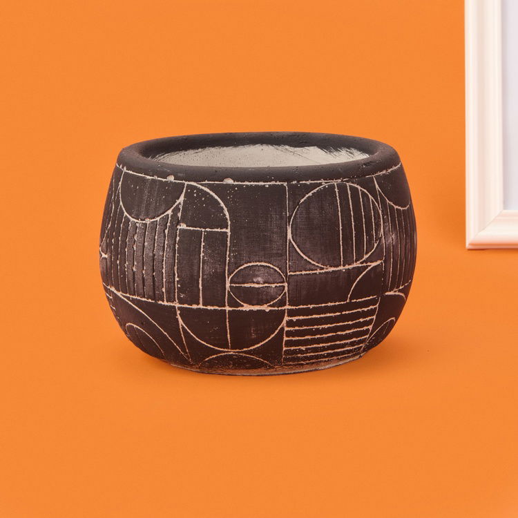  Objevi Boho Desenli Beton Saksı - Siyah - 14x12,5 cm