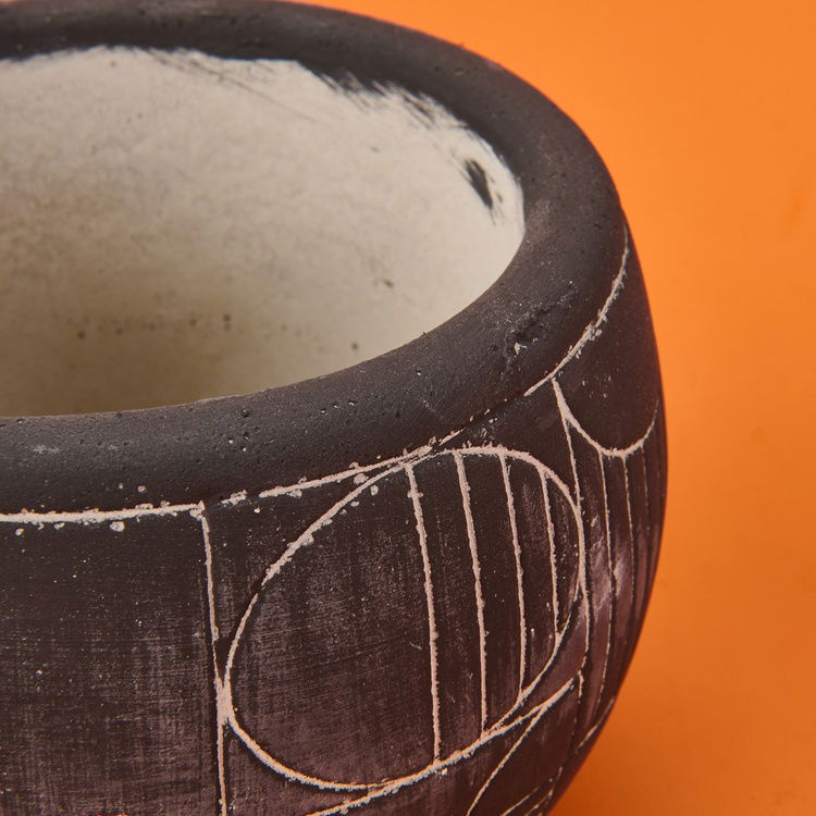  Objevi Boho Desenli Beton Saksı - Siyah - 14x12,5 cm