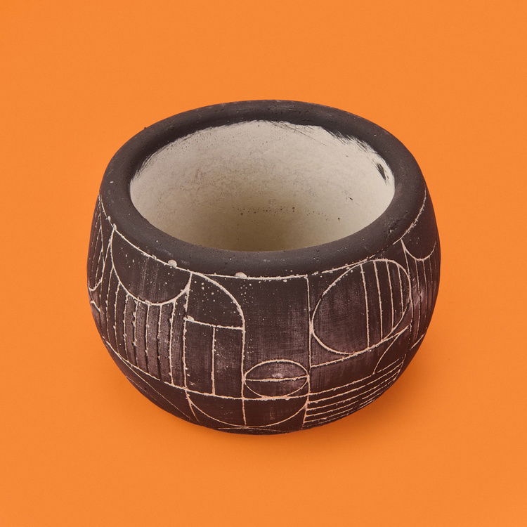  Objevi Boho Desenli Beton Saksı - Siyah - 14x12,5 cm